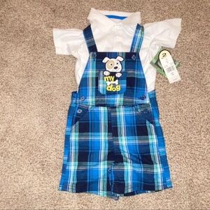 Charming Blue Plaid Kids Overalls with Dog Design